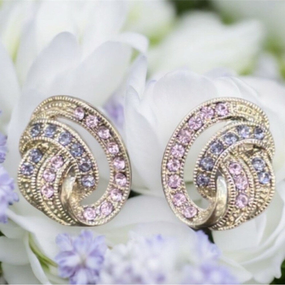Vintage Earrings Sparkling Pink Purple Crystal Cubic Zirconia Swirl Knot